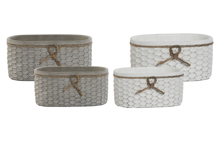 DKD Home Decor Macetero Shabby Blanco Gris Cemento y Cuerda 13 x 11 x 23 cm Set de 2