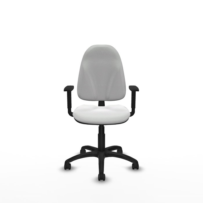 Silla de oficina Algarra con mecanismo Contacto permanente básico tapizada con Tela color Blanco. Equipada con Base poliamida negra, Brazos 1D y Ruedas autofrenantes
