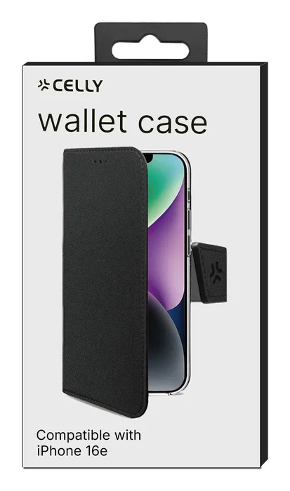 Celly WALLY Funda cartera para iPhone 16e con soporte de sobremesa, cierre magnético y 3 bolsillos para tarjetas - Negro (6.1"/15.5 cm)