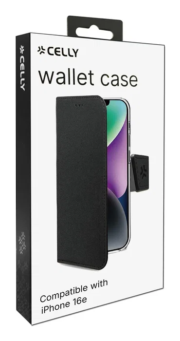 Celly WALLY Funda cartera para iPhone 16e con soporte de sobremesa, cierre magnético y 3 bolsillos para tarjetas - Negro (6.1"/15.5 cm)