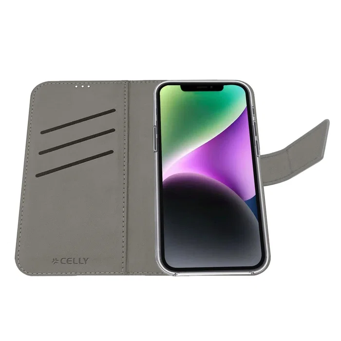 Celly WALLY Funda cartera para iPhone 16e con soporte de sobremesa, cierre magnético y 3 bolsillos para tarjetas - Negro (6.1"/15.5 cm)