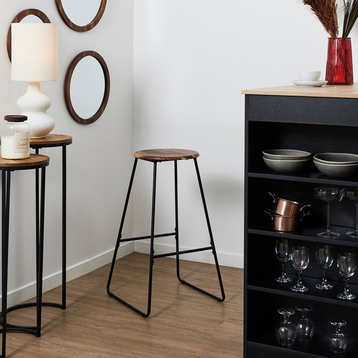 Home Deco Factory Taburete Bar Cocooning Madera de Acacia y Metal 42x42xh70 cm