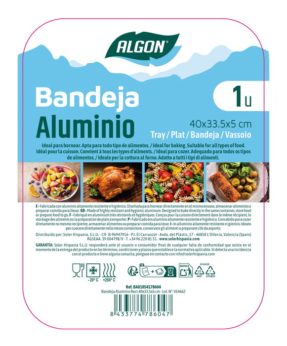 Algon Bandeja Rectangular de Aluminio 40 cm x 33.5 cm x 5 cm (24 Unidades) Algon Bandeja Rectangular de Aluminio 40 cm x 33.5 cm x 5 cm (24 Unidades)