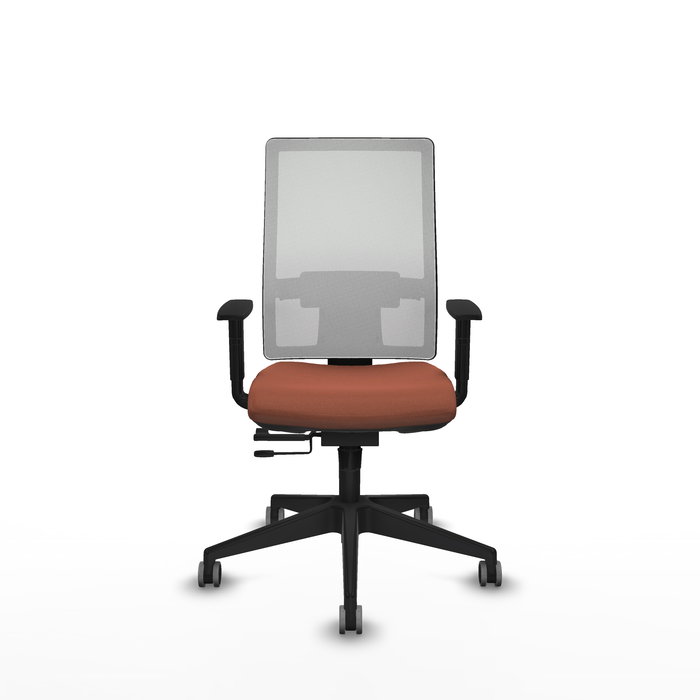 Silla de oficina Horna con mecanismo Sincro/Traslack tapizada con Tela color Marrón y malla color Blanco. Equipada con lumbar 1D, Brazos 1D y Ruedas 65 mm parqué