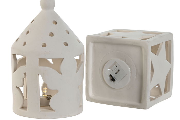 DKD Home Decor Farola Navidad Moderna Blanca Cerámica LED Estrella/Ángel 7.5 x 7.5 x 12.5 cm (12 Unidades)