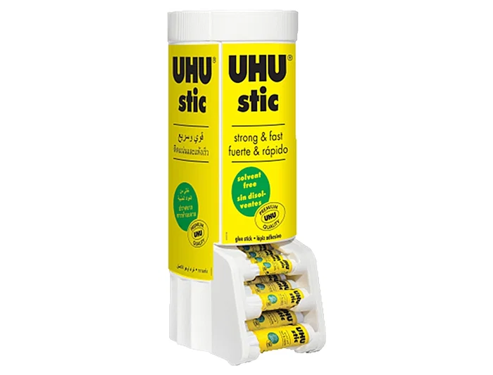 Uhu Pegamento en Barra Sólido, Expositor Multiformato con 12 Unidades de 21g de Regalo, para Uso Escolar y Oficina, 8-21-40g