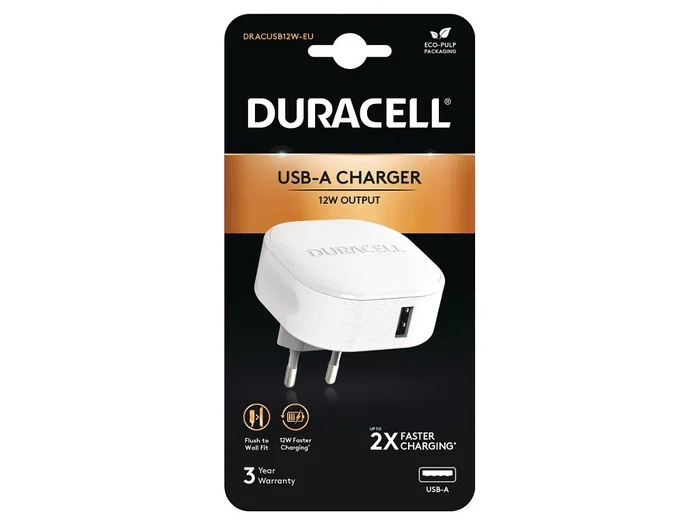Duracell DRACUSB12W-EU Cargador de Pared, 1 Puerto USB 2.4A, 5V, Blanco, Cargador de Dispositivos Móviles