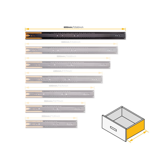 Emuca Lote de 5 juegos de guías para cajones, de bolas, altura 45mm, profundidad 600mm, extracción total, cierre suave, Negro