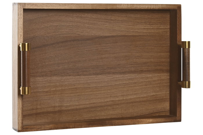 DKD Home Decor Bandeja de Acacia y Metal con Asas Natural y Dorado