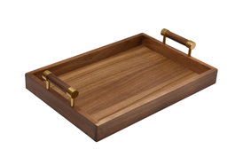DKD Home Decor Bandeja de Acacia y Metal con Asas Natural y Dorado