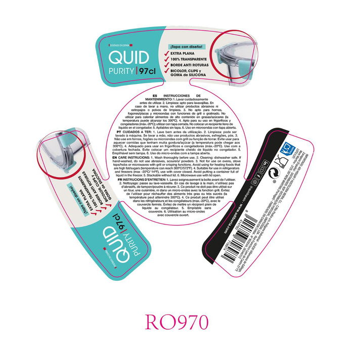 Recipiente Hermético Vidrio Purity Quid 18x7,6 cm - 97 cL (6 Unidades)