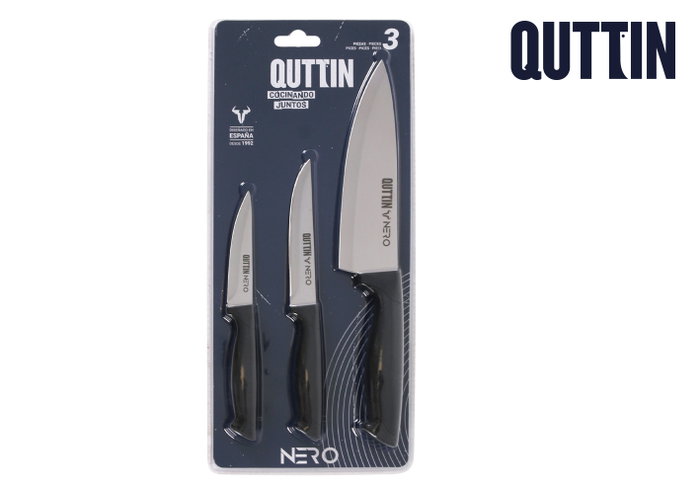 Quttin Set de 3 Piezas Colección Nero con Cuchillo Chef, Multiusos y Pelador Quttin Set de 3 Piezas Colección Nero con Cuchillo Chef, Multiusos y Pelador