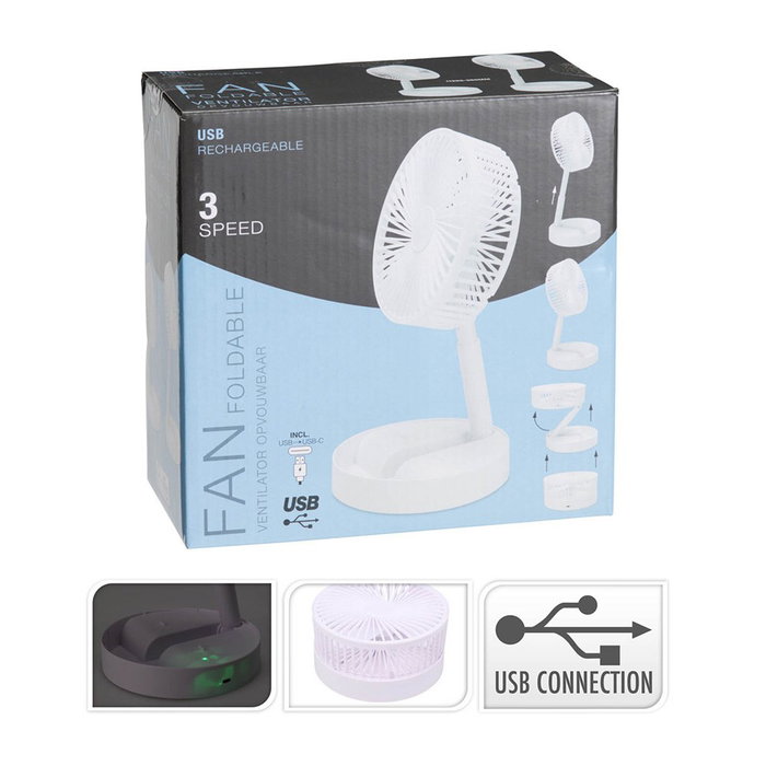 Basics Ventilador de Sobremesa Plegable Recargable USB-C Blanco, 3 Velocidades, Batería 1200 mAh, Ø165 x 360 mm