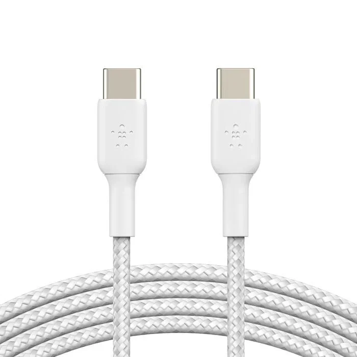 Belkin CAB004BT2MWH2PK Cable USB-C a USB-C Trenzado 2 Metros USB 2.0 480 Mbps Carga Rápida Power Delivery 60W (2 Piezas) - Blanco
