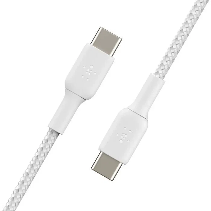 Belkin CAB004BT2MWH2PK Cable USB-C a USB-C Trenzado 2 Metros USB 2.0 480 Mbps Carga Rápida Power Delivery 60W (2 Piezas) - Blanco