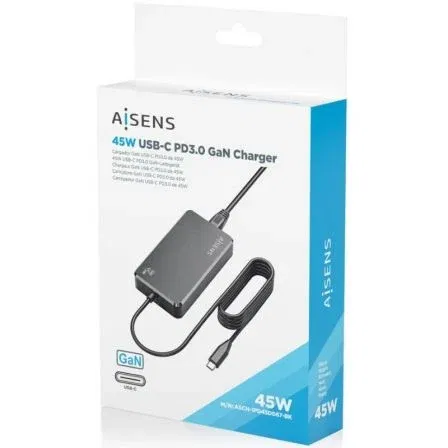 Aisens ASCH-1PD45D067-BK Cargador Sobremesa GaN USB-C 45W PD3.0 1xPuerto Tipo-C Negro