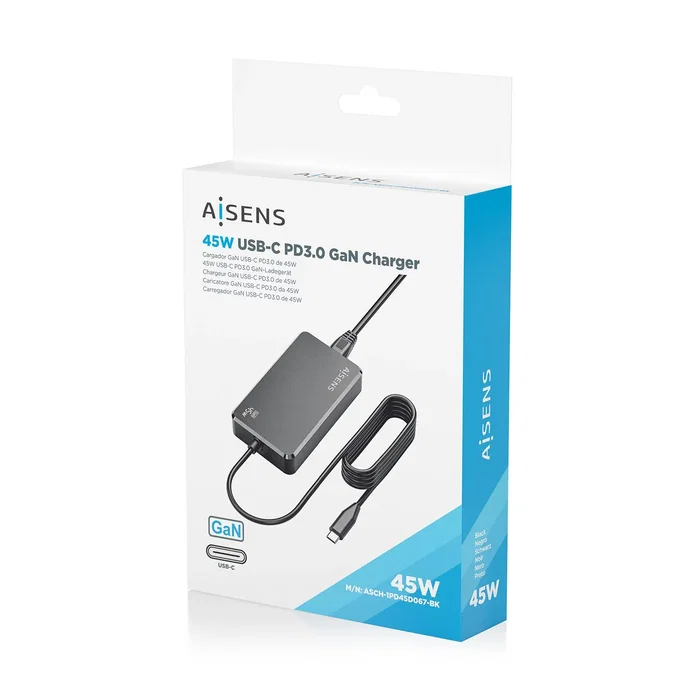 Aisens ASCH-1PD45D067-BK Cargador de Sobremesa GaN 45W USB-C Power Delivery 3.0 Adaptador de Corriente con Cable 1.8m - Negro
