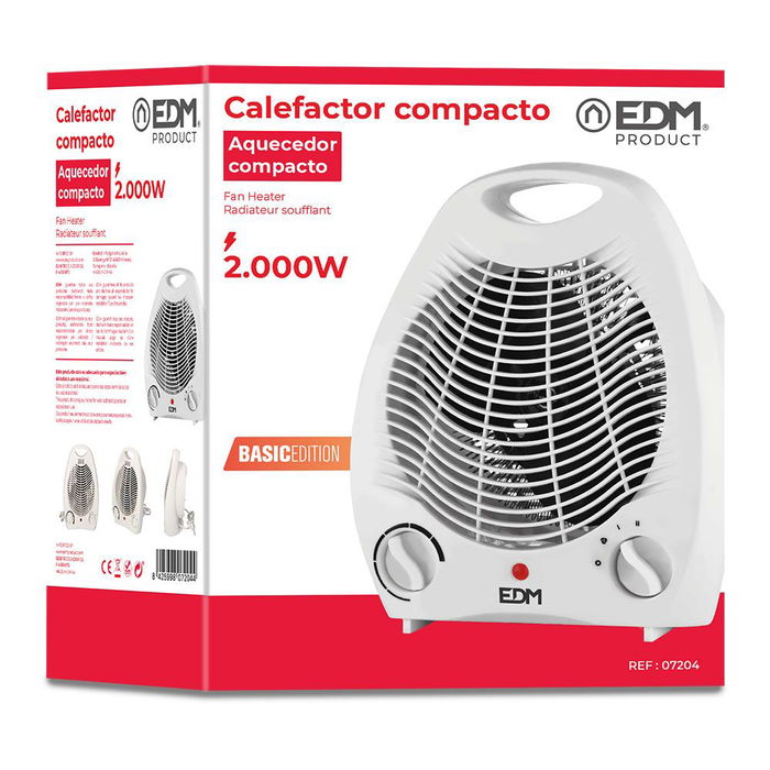 Edm Calefactor Compacto Blanco 1000-2000W con Aire Fresco y Protección de Sobrecalentamiento, Vertical, 220-240V