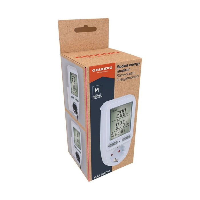Grundig Monitor de Energía para Enchufes, Mide Consumo Eléctrico y Costes, Máximo 3680W 16A 250V, con Función de Memoria, Dimensiones 7 x 7,5 x 14,5 cm