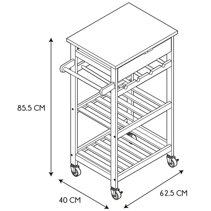 Home Deco Factory Mesa Camarera Industriel con Ruedas Negra Carrito Auxiliar Organización Cocina Botellero Cajón 40x62,5x85,5 cm
