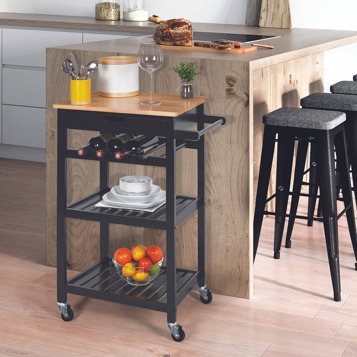 Home Deco Factory Mesa Camarera Industriel con Ruedas Negra Carrito Auxiliar Organización Cocina Botellero Cajón 40x62,5x85,5 cm