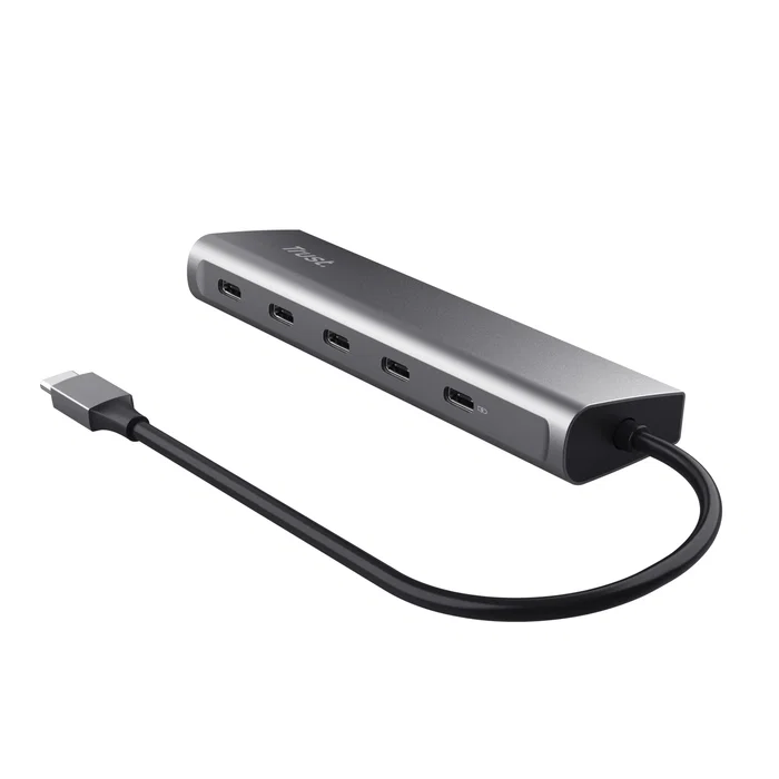 Trust Halyx - Hub USB-C de Aluminio con 5 Puertos (4 USB-C + 1 Passthrough 100W) - USB 3.2 Gen 1 - Color Plata