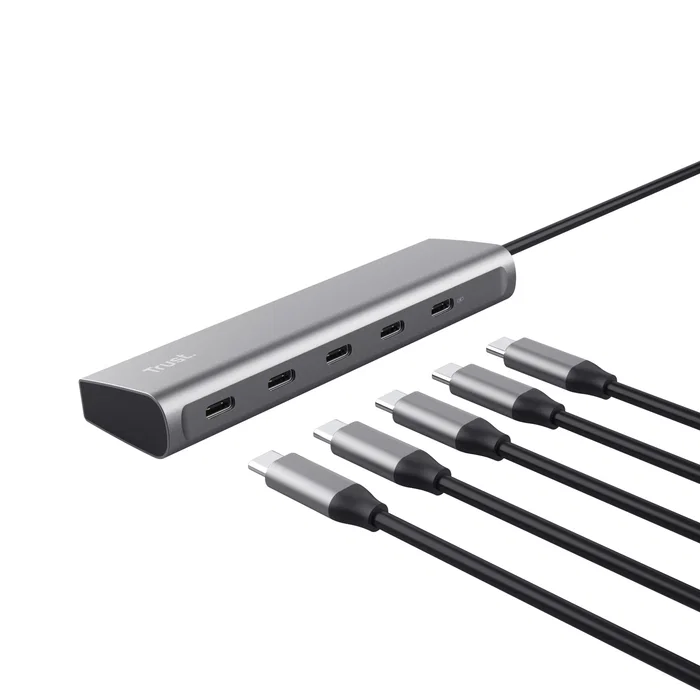 Trust Halyx - Hub USB-C de Aluminio con 5 Puertos (4 USB-C + 1 Passthrough 100W) - USB 3.2 Gen 1 - Color Plata