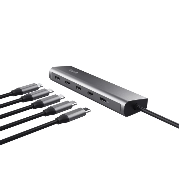 Trust Halyx - Hub USB-C de Aluminio con 5 Puertos (4 USB-C + 1 Passthrough 100W) - USB 3.2 Gen 1 - Color Plata