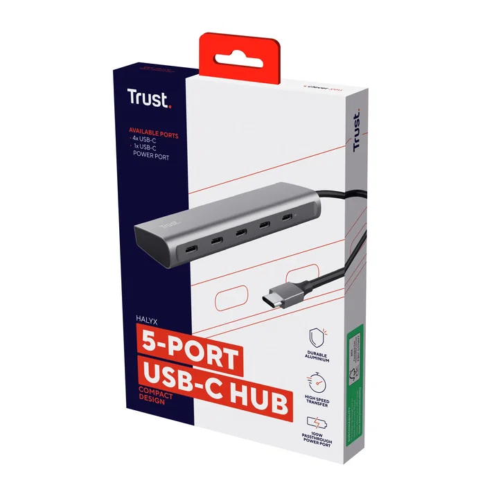 Trust Halyx - Hub USB-C de Aluminio con 5 Puertos (4 USB-C + 1 Passthrough 100W) - USB 3.2 Gen 1 - Color Plata