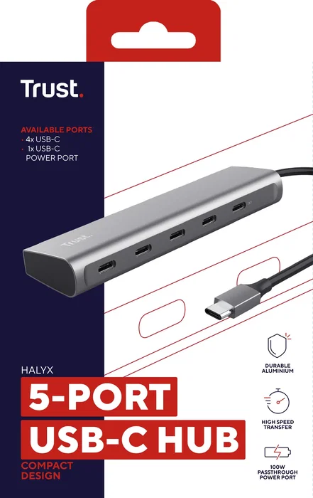 Trust Halyx - Hub USB-C de Aluminio con 5 Puertos (4 USB-C + 1 Passthrough 100W) - USB 3.2 Gen 1 - Color Plata