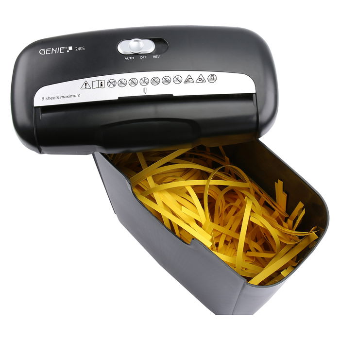 GENIE Trituradora de Papel 240S - Corte en Tiras 6 mm, P-2, para 6 Hojas, 12 L, Negro GENIE Trituradora de Papel 240S - Corte en Tiras 6 mm, P-2, para 6 Hojas, 12 L, Negro