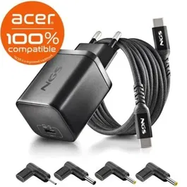 NGS Cargador GaN BUD65W-AC 65W Power Delivery USB-C para Portátil Acer con Cable 1.5m y 4 Conectores - Entrada 100-240V