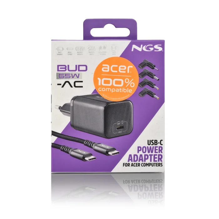 NGS BUD65W-AC Cargador GaN USB-C 65W Carga Rápida con Cable 1.5m y 4 Conectores para Portátil Acer - Universal, PD 3.0, PPS, Voltaje 5-20V, Color Negro NGS BUD65W-AC Cargador GaN USB-C 65W Carga Rápida con Cable 1.5m y 4 Conectores para Portátil Acer - Universal, PD 3.0, PPS, Voltaje 5-20V, Color Negro