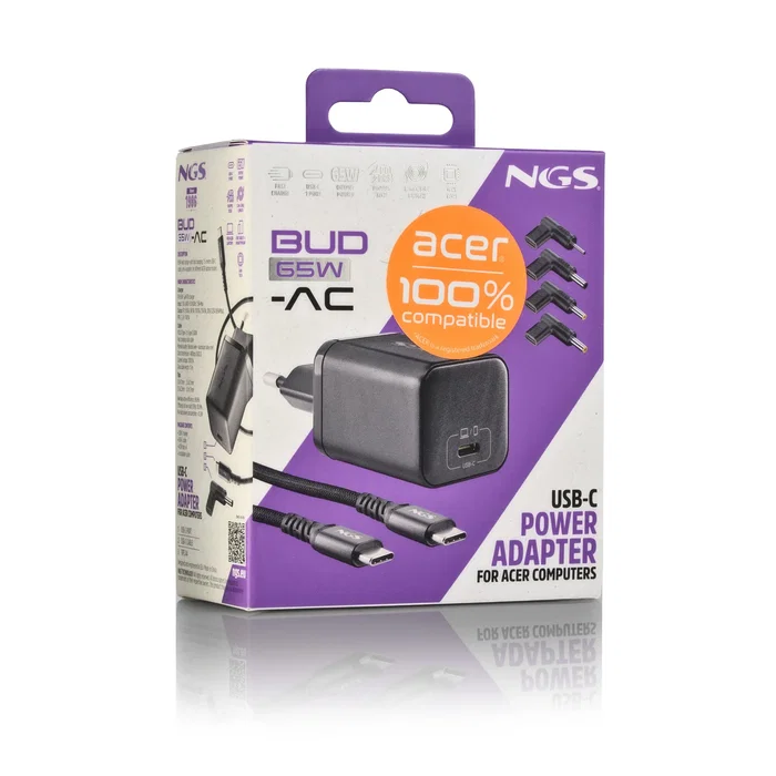 NGS BUD65W-AC Cargador GaN USB-C 65W Carga Rápida con Cable 1.5m y 4 Conectores para Portátil Acer - Universal, PD 3.0, PPS, Voltaje 5-20V, Color Negro NGS BUD65W-AC Cargador GaN USB-C 65W Carga Rápida con Cable 1.5m y 4 Conectores para Portátil Acer - Universal, PD 3.0, PPS, Voltaje 5-20V, Color Negro