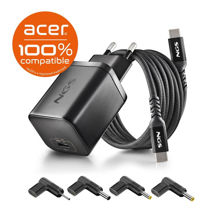 NGS Cargador GaN 65W para Acer con Cable USB-C de 1,5m y 4 Conectores NGS Cargador GaN 65W para Acer con Cable USB-C de 1,5m y 4 Conectores