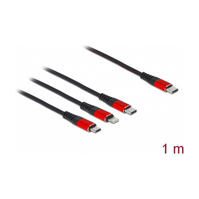 DeLOCK Cable de carga 3 en 1 USB Type-C a Lightning/Micro USB/USB Type-C 1 m Negro/Rojo