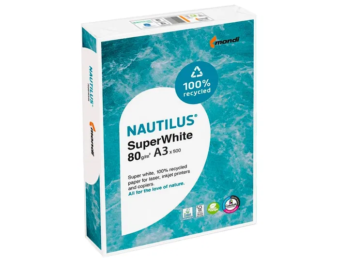 Nautilus Papel Multifuncion Superwhite 100% Reciclado Din A3 80 Gramos Paquete 500 Hojas