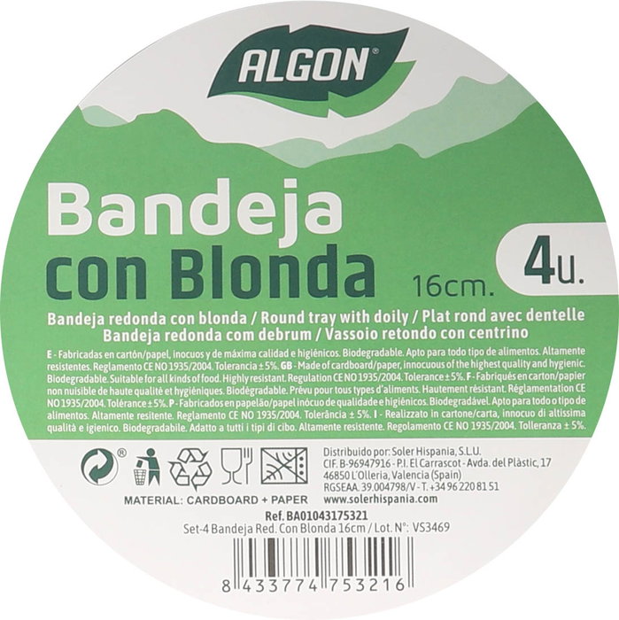 Algon Set 4 Bandejas Redondas con Blonda 16 cm (48 Unidades)