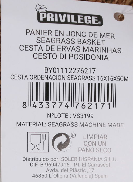 Privilege Cesta de Ordenación Seagrass 16 cm x 16 cm x 5 cm (24 Unidades)