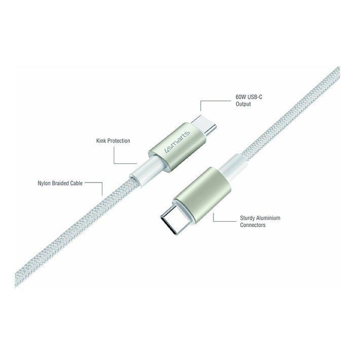 4smarts Cable USB-C a USB-C 60W 3 unidades Blanco/Plata 540621 - Compatible con iPhone 15, Pixel 8, Laptop, Smartphone, Tablet, Plug and Play, Nylon Trenzado