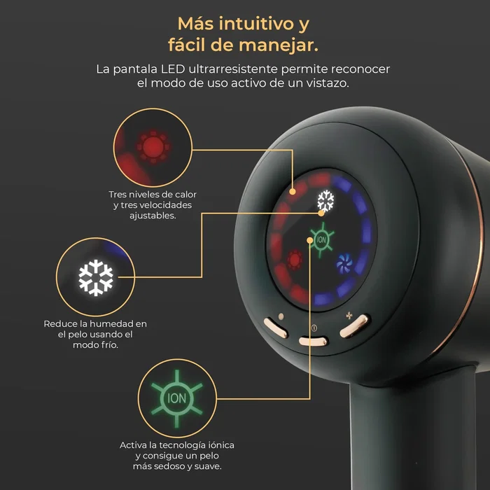 GrunKEL ONYX SMART Secador Pelo 1600W Iónico Negro, Motor BLDC, 3 Velocidades & 4 Temperaturas, Display LED, Ligero, Incluye Difusor y Concentrador Magnético
