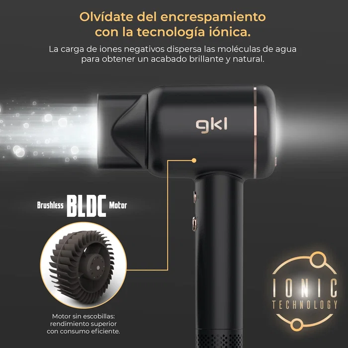GrunKEL ONYX SMART Secador Pelo 1600W Iónico Negro, Motor BLDC, 3 Velocidades & 4 Temperaturas, Display LED, Ligero, Incluye Difusor y Concentrador Magnético