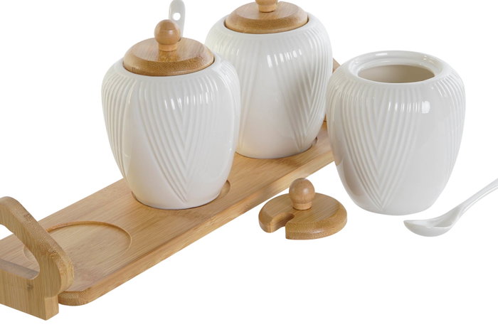 DKD Home Decor Set de 4 Azucareros de Porcelana y Bambú Blanco/Natural DKD Home Decor Set de 4 Azucareros de Porcelana y Bambú Blanco/Natural