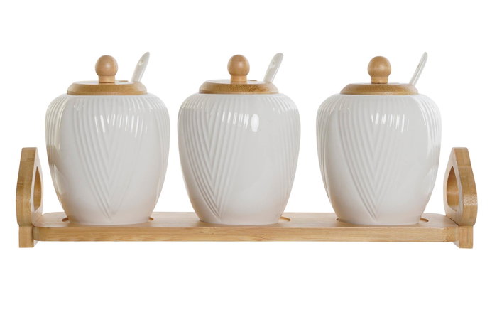 DKD Home Decor Set de 4 Azucareros de Porcelana y Bambú Blanco/Natural DKD Home Decor Set de 4 Azucareros de Porcelana y Bambú Blanco/Natural