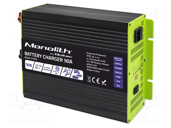 Qoltec Cargador Monolith Profesional 90A 12V para LiFePO4 AGM GEL SLA