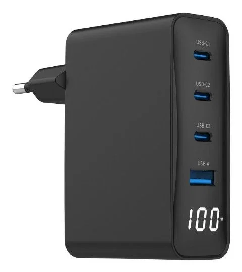 Gembird TA UC PDQC100LCD 01 BK Cargador de Pared 100W PD QC3.0 con Pantalla LCD 1xUSB A 3xUSB C para Portátil y Smartphone Negro