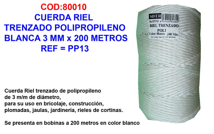 Cuerda riel trenzado polipropileno blanca 3 mm x 200 metros Cuerda riel trenzado polipropileno blanca 3 mm x 200 metros