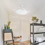 Ventilador DC Tridente Verano-Invierno Blanco 4 Aspas Desplegables 107cm 59W 6980lm Reg. Intensidad, Mando a Distancia con Temporizador y Memoria 3 Temperaturas Luz