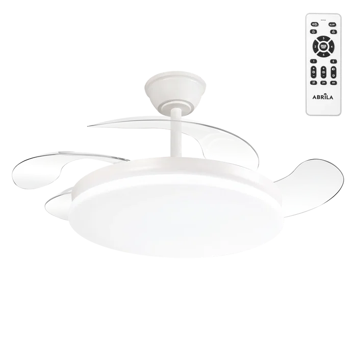 Ventilador DC Tridente Verano-Invierno Blanco 4 Aspas Desplegables 107cm 59W 6980lm Reg. Intensidad, Mando a Distancia con Temporizador y Memoria 3 Temperaturas Luz Ventilador DC Tridente Verano-Invierno Blanco 4 Aspas Desplegables 107cm 59W 6980lm Reg. Intensidad, Mando a Distancia con Temporizador y Memoria 3 Temperaturas Luz