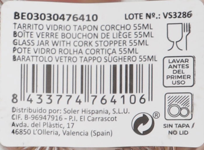 La Mediterranea Tarrito de Vidrio con Tapón de Corcho 55ml, Pack de 36 unidades